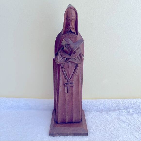 Vtg Carved Wood Monk Religious Art Statue Bible Rosary Cross Praying Altar - Picture 1 of 8